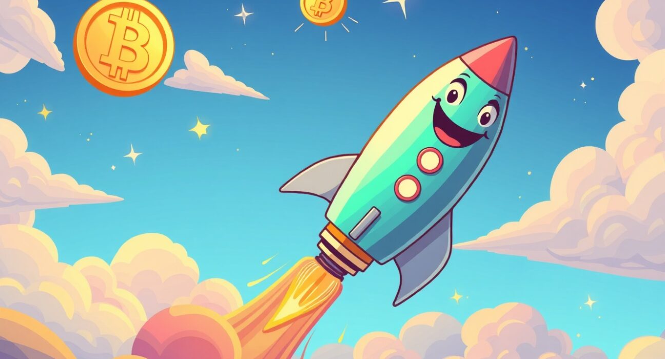 Bitcoin rocket soaring upward as BTC rises above $87,000 in vibrant cartoon style