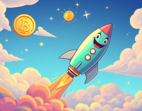 Bitcoin rocket soaring upward as BTC rises above $87,000 in vibrant cartoon style