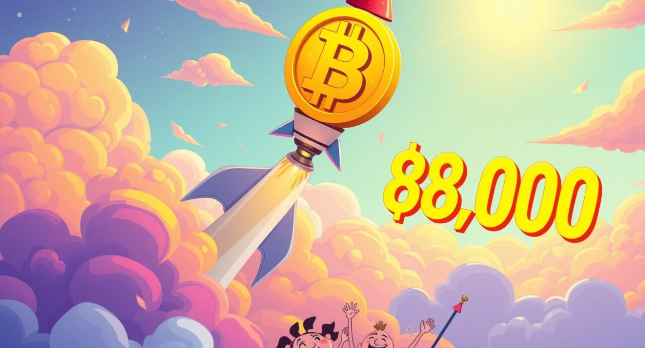 Bitcoin rocket soaring as BTC rises above $88,000 in vibrant cartoon illustration
