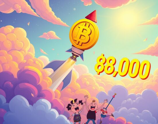Bitcoin rocket soaring as BTC rises above $88,000 in vibrant cartoon illustration