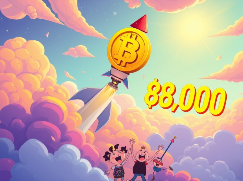Bitcoin rocket soaring as BTC rises above $88,000 in vibrant cartoon illustration