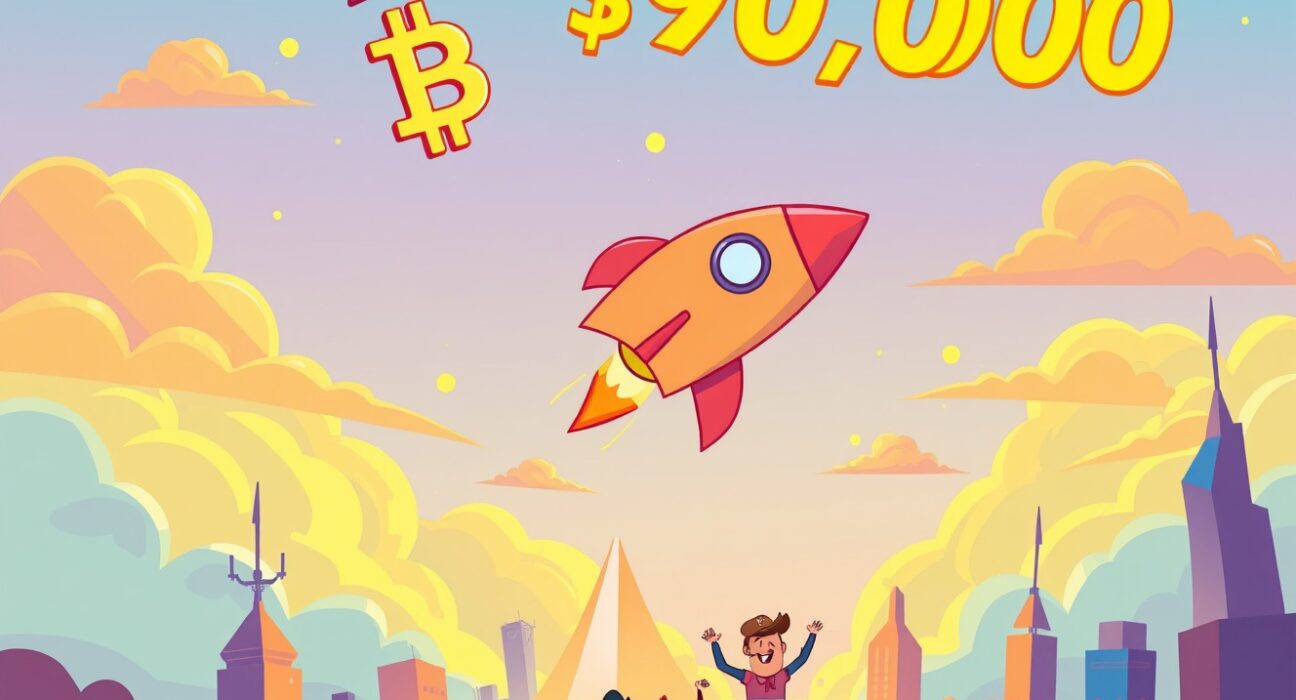 Bitcoin rocket celebrating as BTC rises above $90,000 milestone in cryptocurrency market