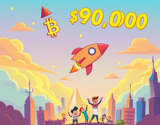 Bitcoin rocket celebrating as BTC rises above $90,000 milestone in cryptocurrency market