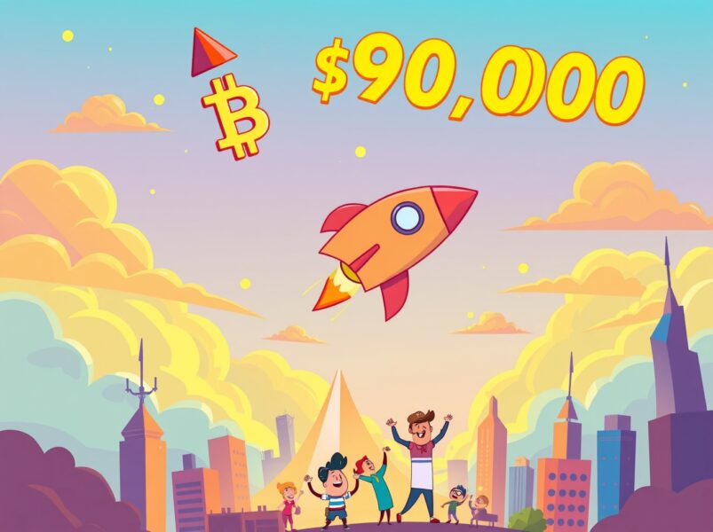 Bitcoin rocket celebrating as BTC rises above $90,000 milestone in cryptocurrency market