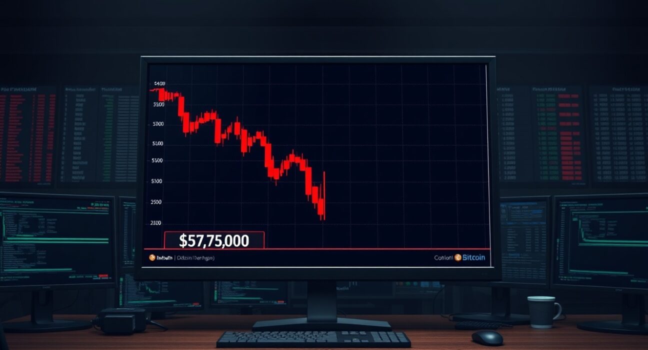 Bitcoin price chart showing BTC selling pressure breaking below $75,000 support level