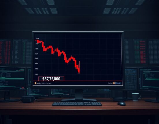 Bitcoin price chart showing BTC selling pressure breaking below $75,000 support level