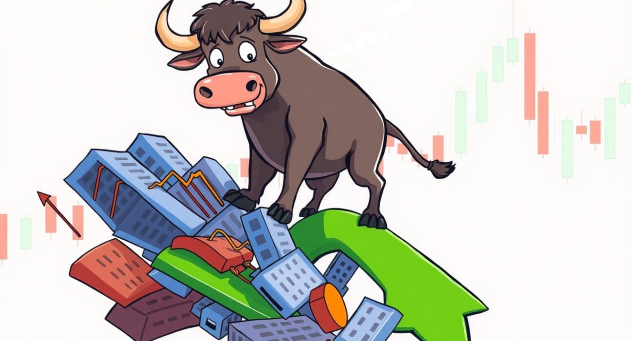 A cartoon bull causing a BTC short squeeze and market liquidations in a vibrant financial scene.