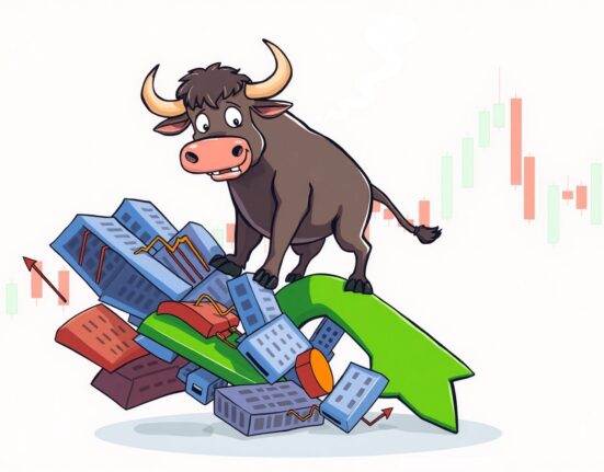 A cartoon bull causing a BTC short squeeze and market liquidations in a vibrant financial scene.