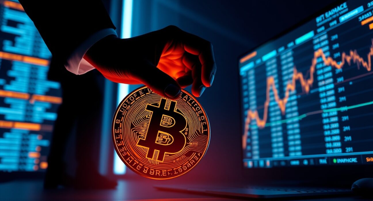 Bitcoin coin being moved to an exchange interface, representing BTC short-term holders selling during price rallies.