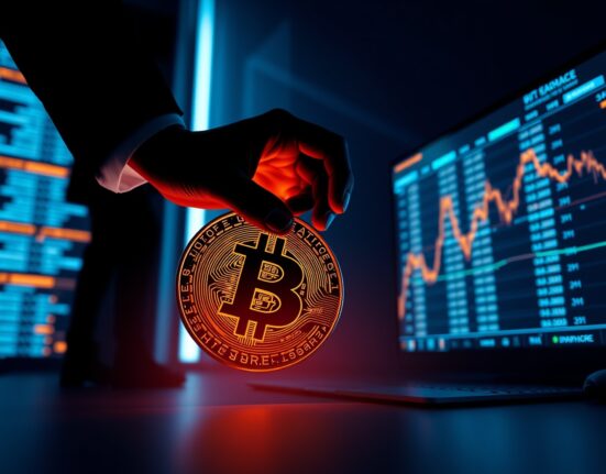 Bitcoin coin being moved to an exchange interface, representing BTC short-term holders selling during price rallies.