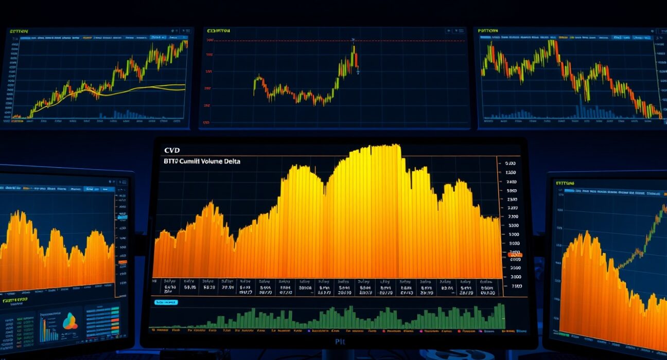 BTC Spot CVD chart analysis showing Volume Heatmap and Cumulative Volume Delta indicator for support and resistance levels