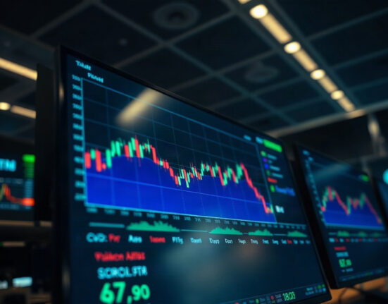 Bitcoin price chart with volume heatmap and cumulative volume delta on a trading terminal