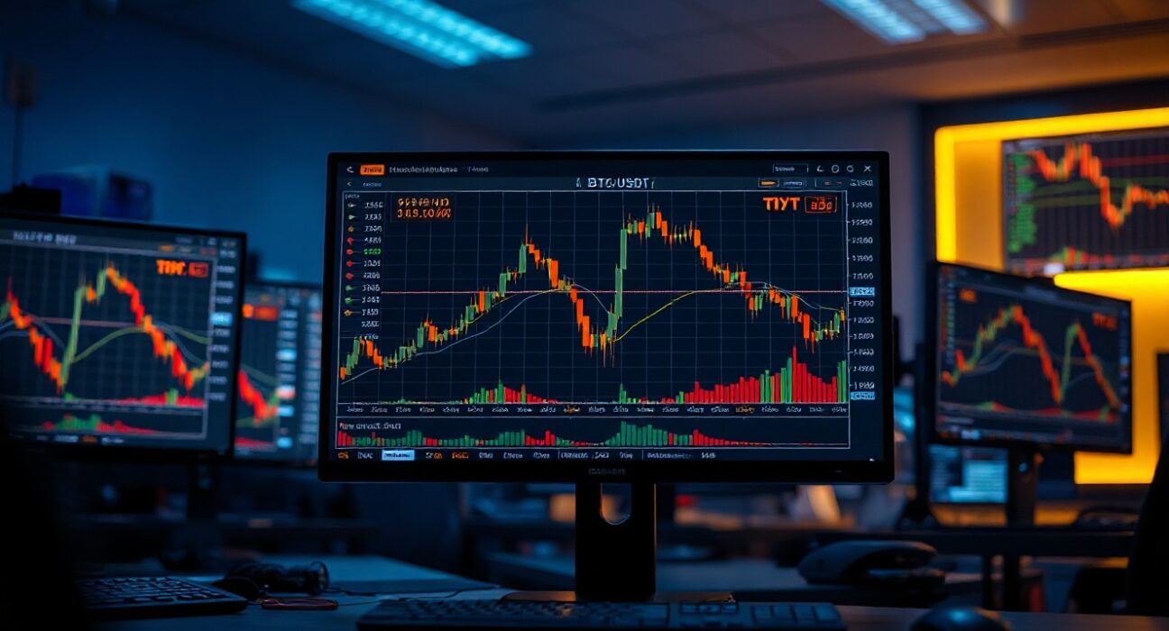 Trading desk monitors showing BTC order book and cumulative volume delta chart with volume heatmap.