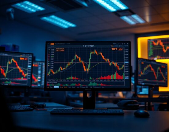 Trading desk monitors showing BTC order book and cumulative volume delta chart with volume heatmap.