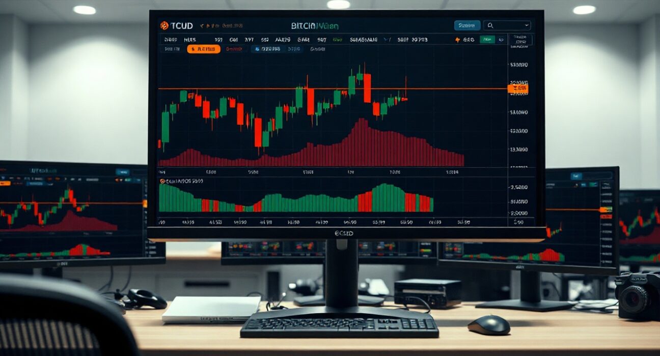 Bitcoin spot Cumulative Volume Delta (CVD) chart on a trading monitor with volume heatmap