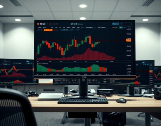 Bitcoin spot Cumulative Volume Delta (CVD) chart on a trading monitor with volume heatmap