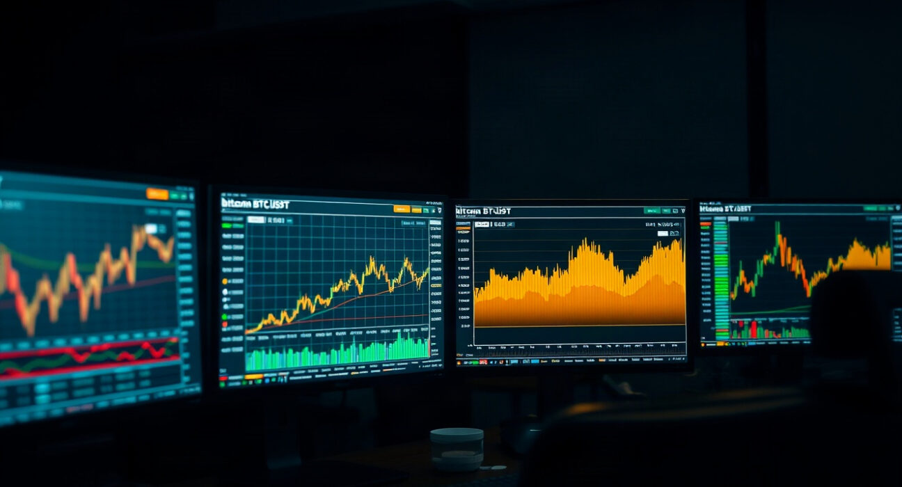 Bitcoin price chart with volume heatmap and cumulative volume delta on trading monitors