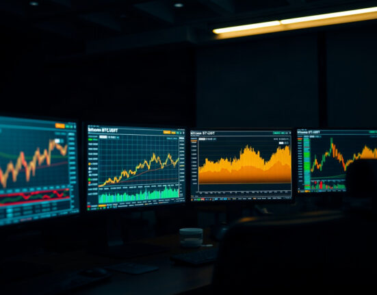 Bitcoin price chart with volume heatmap and cumulative volume delta on trading monitors