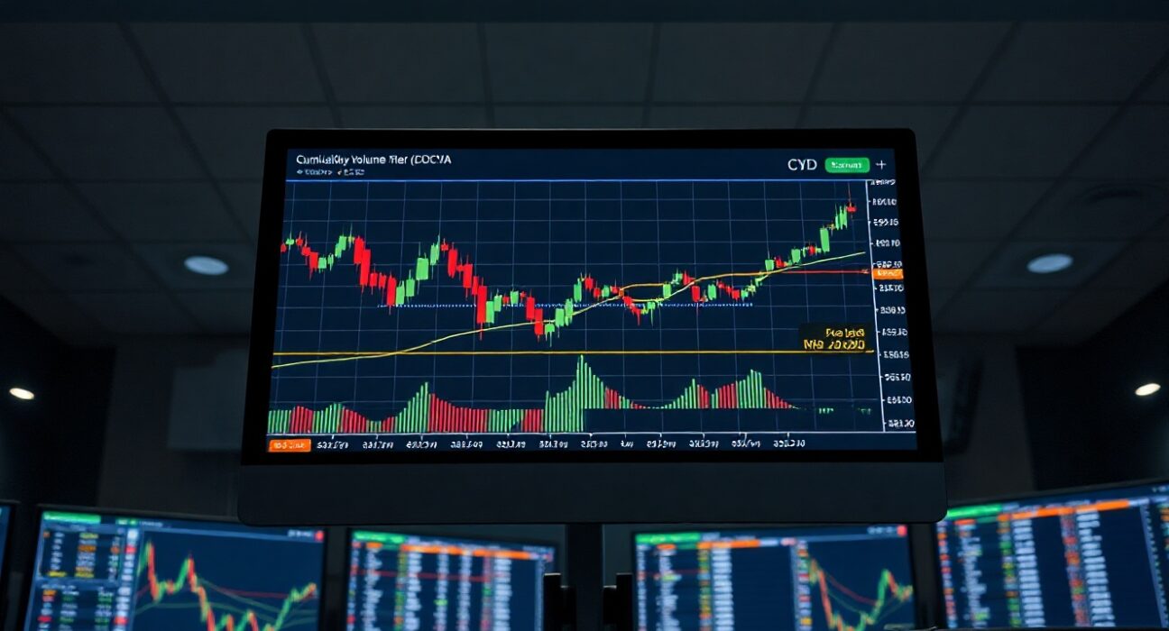 Trading monitor displaying Bitcoin spot CVD chart with volume heatmap and cumulative volume delta lines.