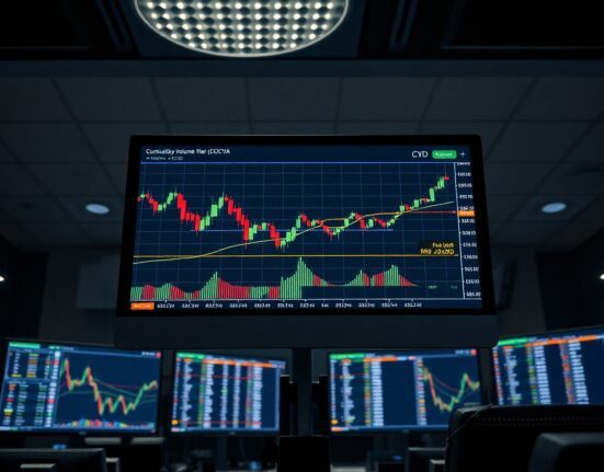 Trading monitor displaying Bitcoin spot CVD chart with volume heatmap and cumulative volume delta lines.