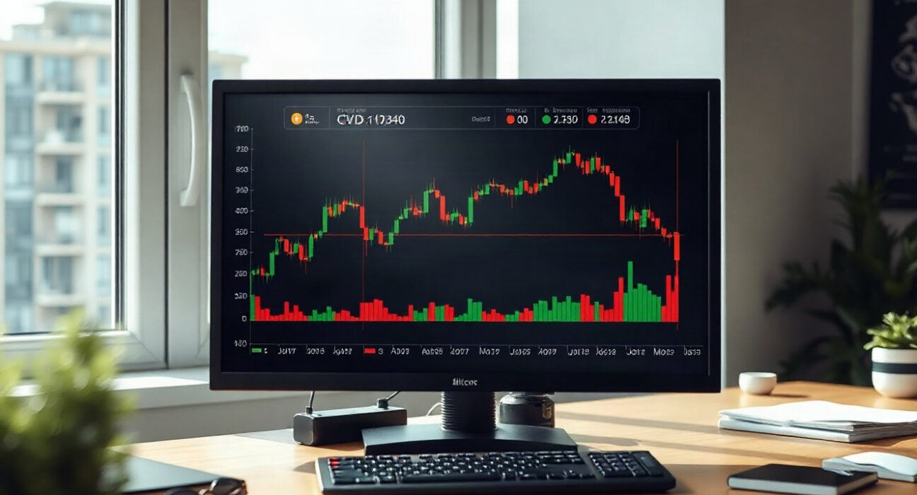 Bitcoin price chart with CVD indicator and volume heatmap on a trading monitor