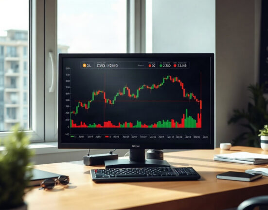 Bitcoin price chart with CVD indicator and volume heatmap on a trading monitor