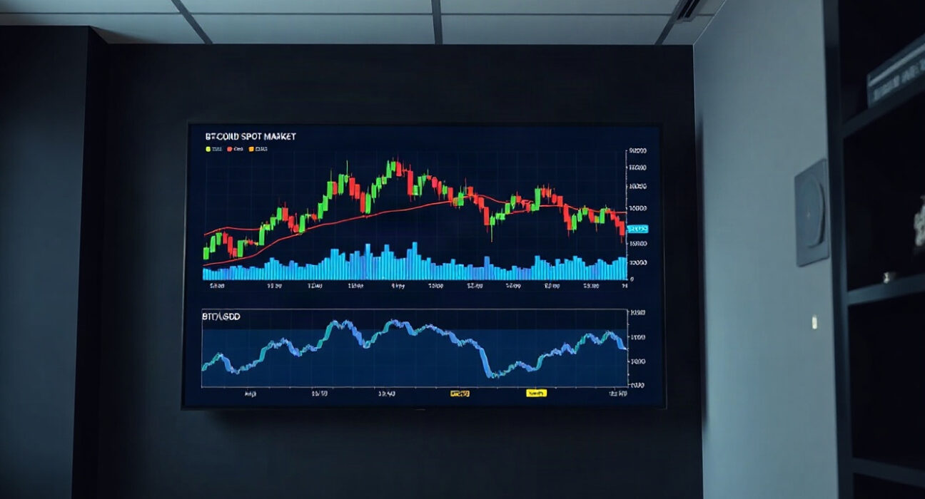 BTC/USDT spot trading chart showing volume heatmap and CVD indicator