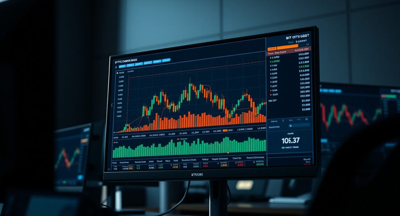 Professional trading desk with BTC/USDT chart and volume heatmap analysis