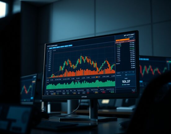 Professional trading desk with BTC/USDT chart and volume heatmap analysis