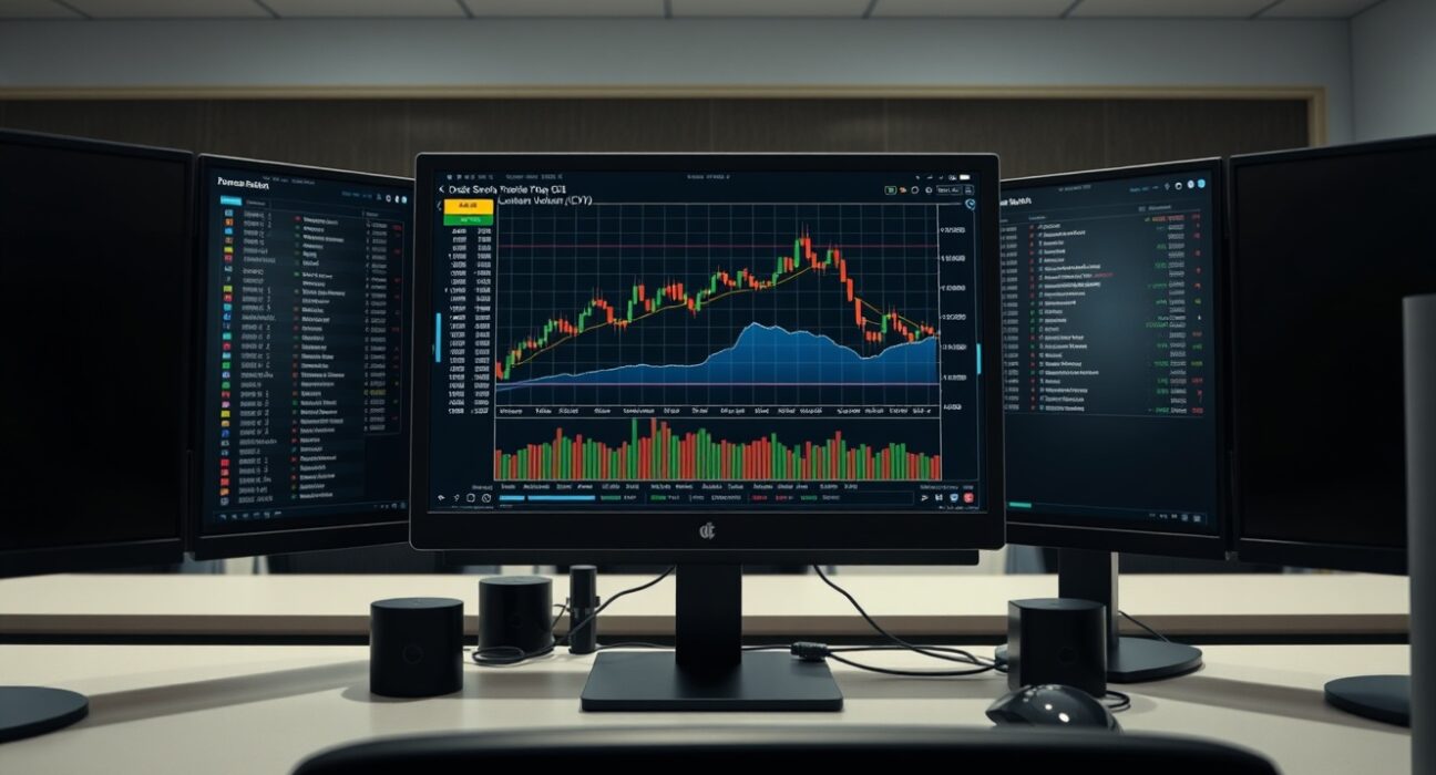 Bitcoin order book chart with volume heatmap and cumulative volume delta on a trading monitor.