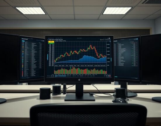 Bitcoin order book chart with volume heatmap and cumulative volume delta on a trading monitor.