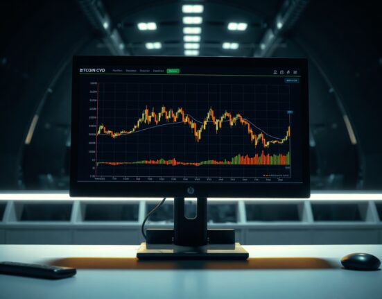Bitcoin spot CVD chart with volume heatmap on a trading monitor