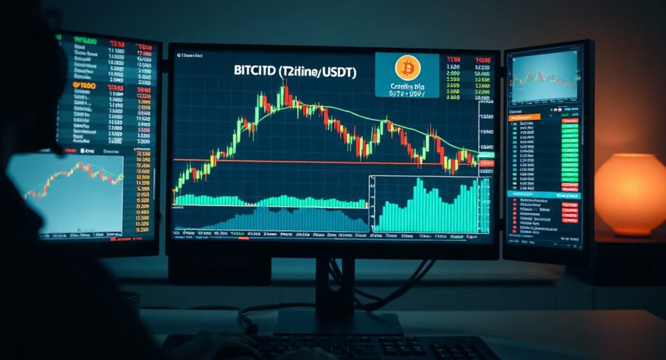 Trading desk monitor showing Bitcoin spot CVD chart and volume heatmap analysis.