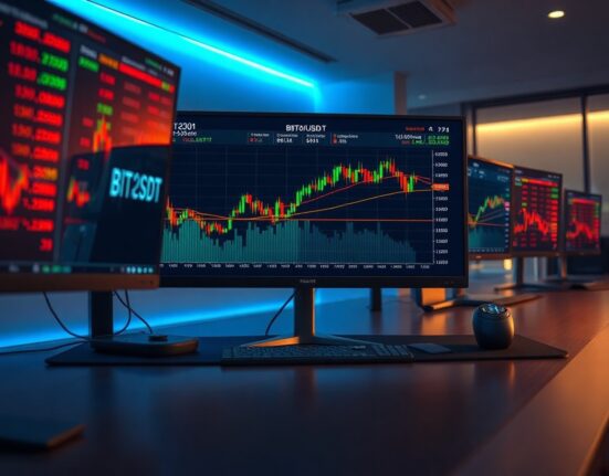 BTC spot CVD chart with Volume Heatmap and Cumulative Volume Delta on a trading monitor