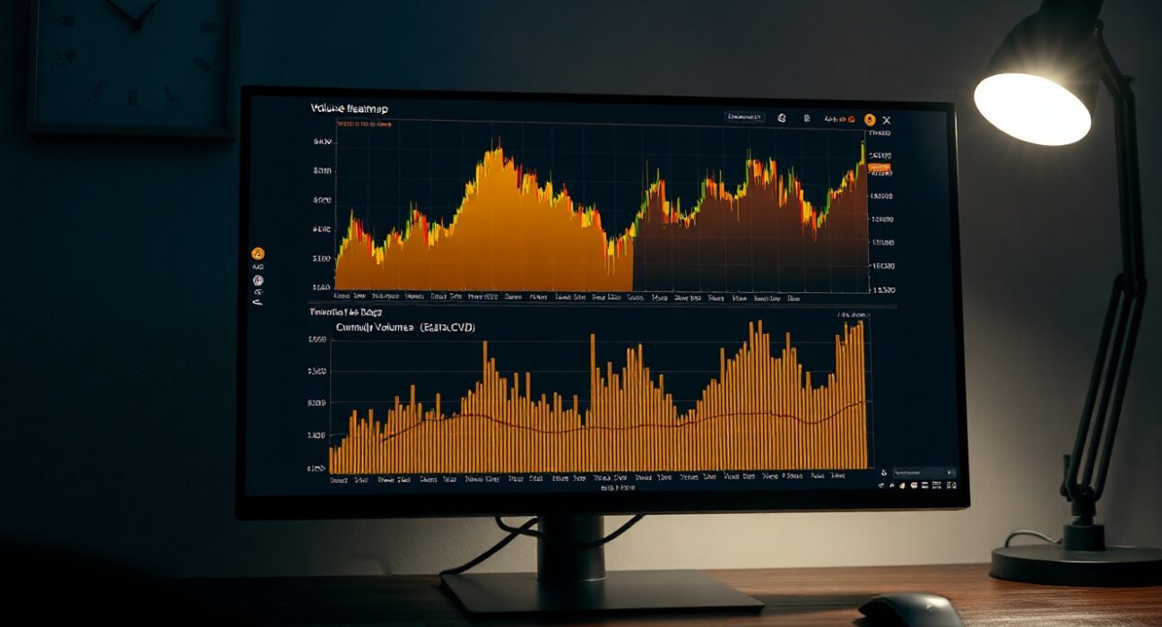 Computer monitor displaying a Bitcoin spot CVD chart with Volume Heatmap and order flow lines.