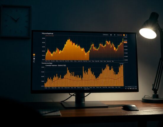 Computer monitor displaying a Bitcoin spot CVD chart with Volume Heatmap and order flow lines.