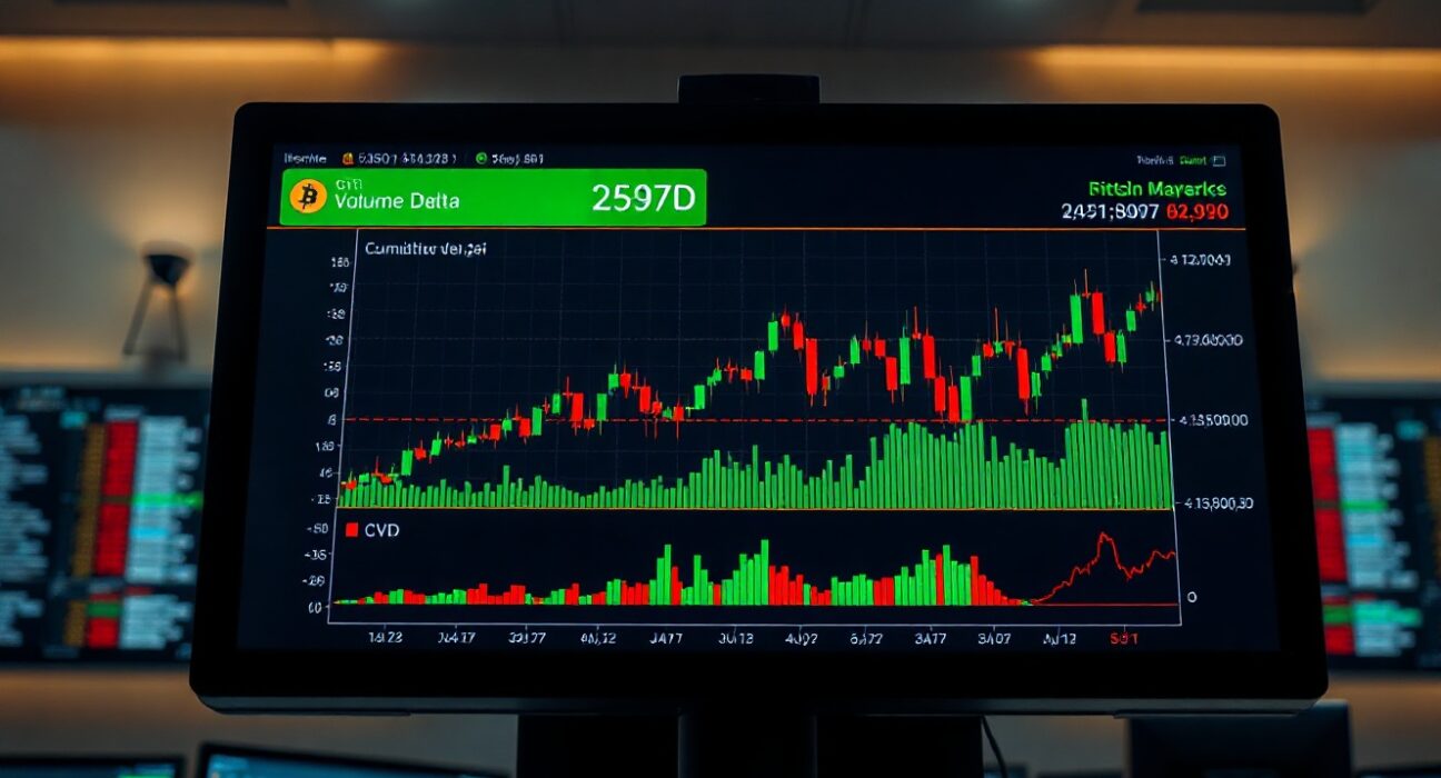 Professional trading monitor displaying BTC spot Cumulative Volume Delta chart with volume heatmap.