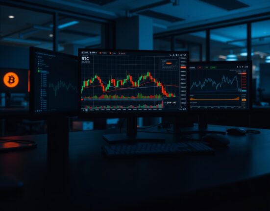 Bitcoin trading desk with monitors showing CVD and volume heatmap charts