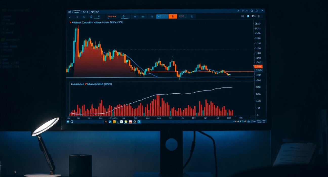 Bitcoin trading chart showing volume heatmap and Cumulative Volume Delta indicator on a professional monitor.