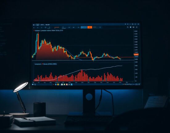 Bitcoin trading chart showing volume heatmap and Cumulative Volume Delta indicator on a professional monitor.