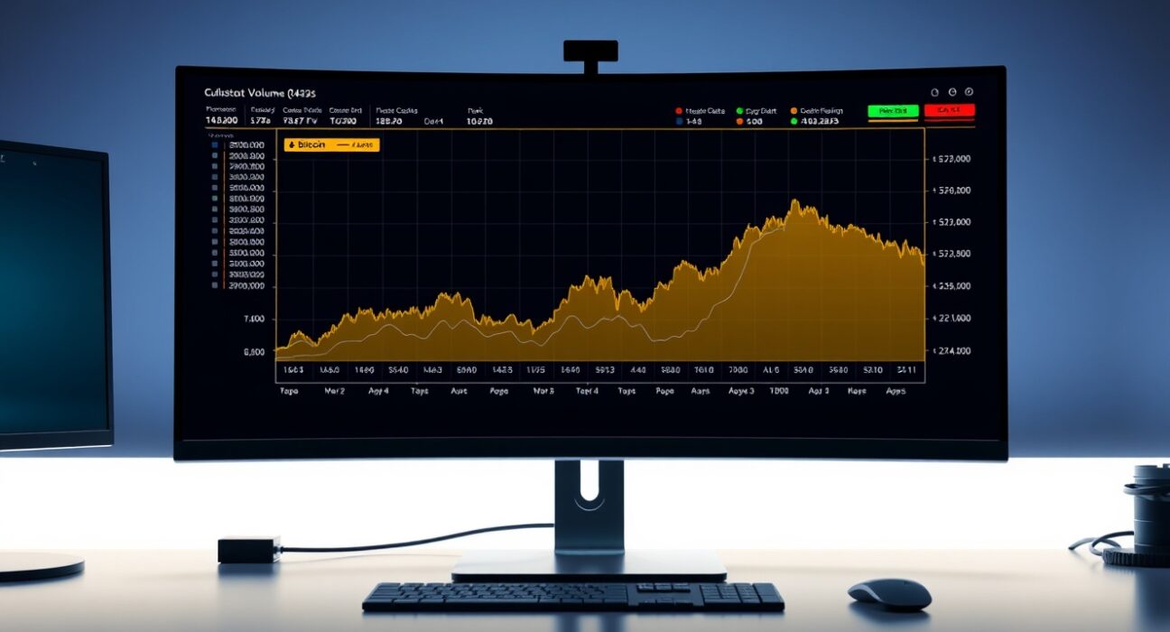 Bitcoin spot CVD chart on a trading monitor showing volume heatmap and cumulative delta lines.