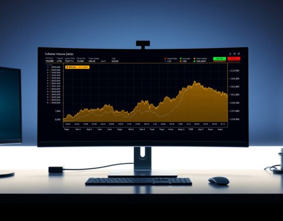 Bitcoin spot CVD chart on a trading monitor showing volume heatmap and cumulative delta lines.