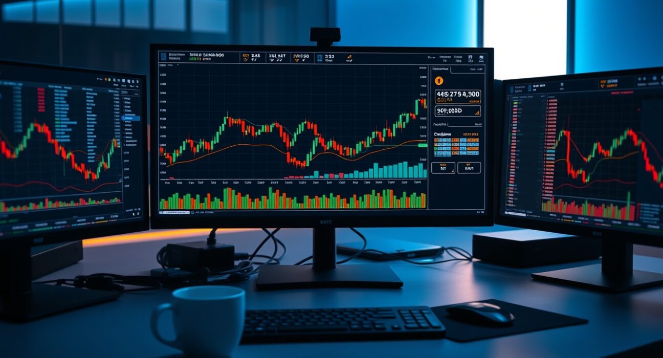 Bitcoin trading chart with cumulative volume delta and volume heatmap on monitors