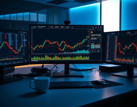Bitcoin trading chart with cumulative volume delta and volume heatmap on monitors