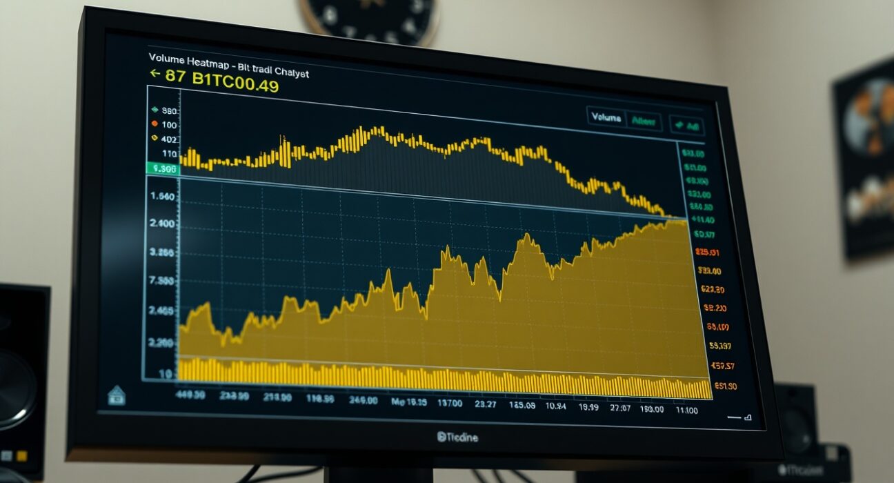 BTC spot CVD chart with Volume Heatmap and Cumulative Volume Delta lines on a trading screen.