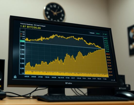 BTC spot CVD chart with Volume Heatmap and Cumulative Volume Delta lines on a trading screen.