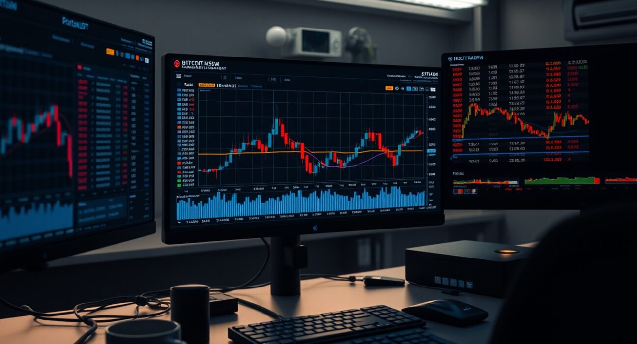 Trader analyzing Bitcoin order flow and CVD chart on multiple monitors