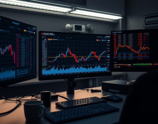Trader analyzing Bitcoin order flow and CVD chart on multiple monitors