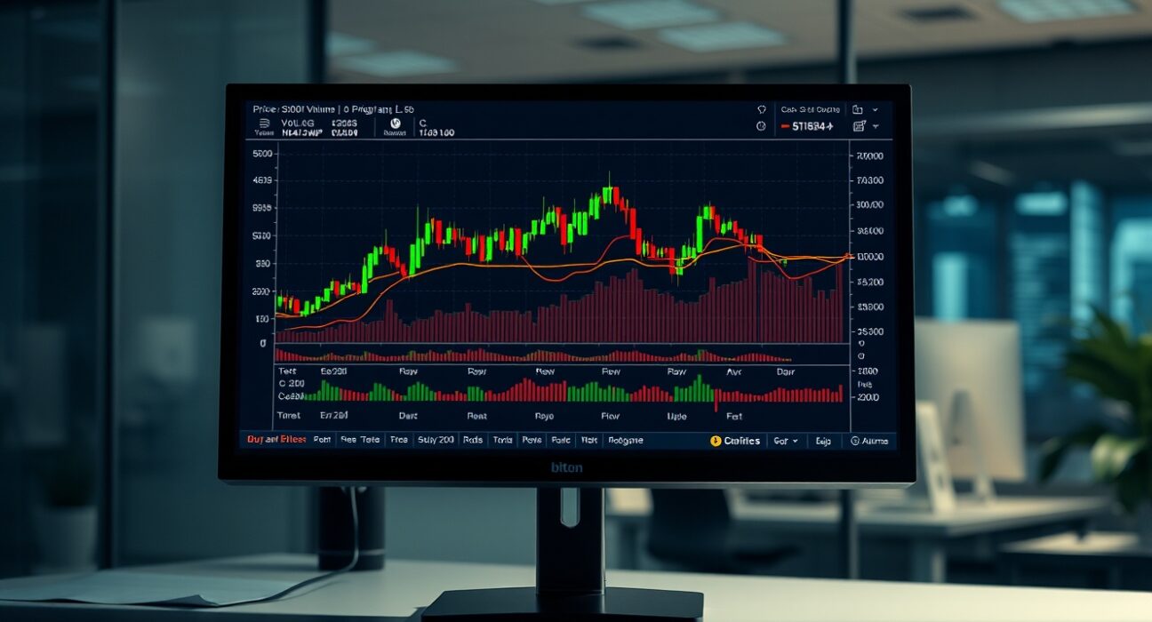 Bitcoin price chart with volume heatmap and cumulative volume delta on a trading monitor