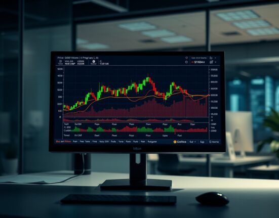 Bitcoin price chart with volume heatmap and cumulative volume delta on a trading monitor